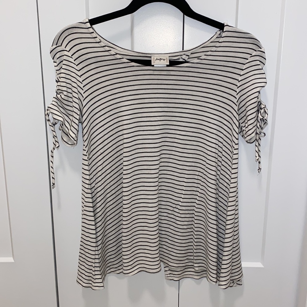 Daytrip Striped Tee with Lace up Sleeves and Split Open Back